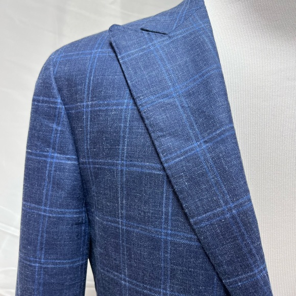 Greiner's Custom Wool/Silk/Linen Blend Blue Windowpane Plaid Blazer Jacket 38S - Picture 6 of 9